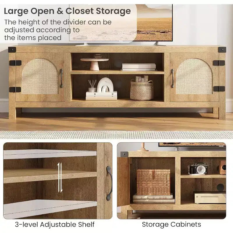 165 cm brede tv-meubel in bohemienstijl met rieten deur - houten entertainmentcentrum met twee kasten en verstelbare planken, geschikt voor woonkamers