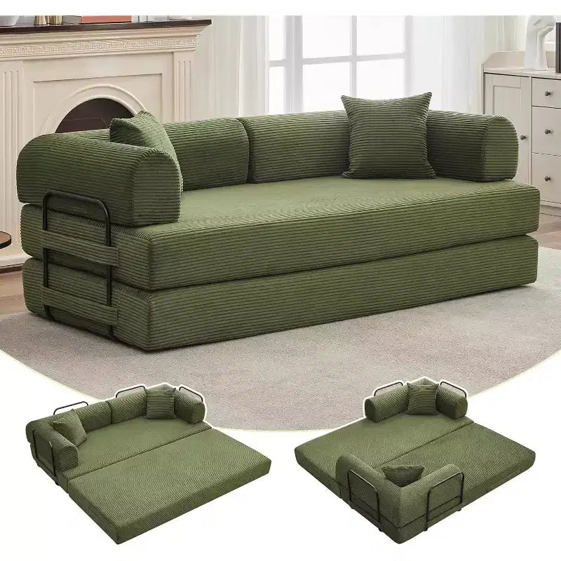 Rozkładana sofa 2 w 1, wygodna składana kanapa sztruksowa z głębokim siedziskiem i szerokimi podłokietnikami, sofa bezstelażowa, do salonu, mieszkań