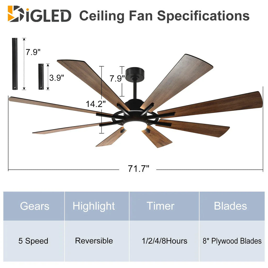 Grand ventilateur de plafond télécommandé avec éclairage et 8 grandes pales en bois