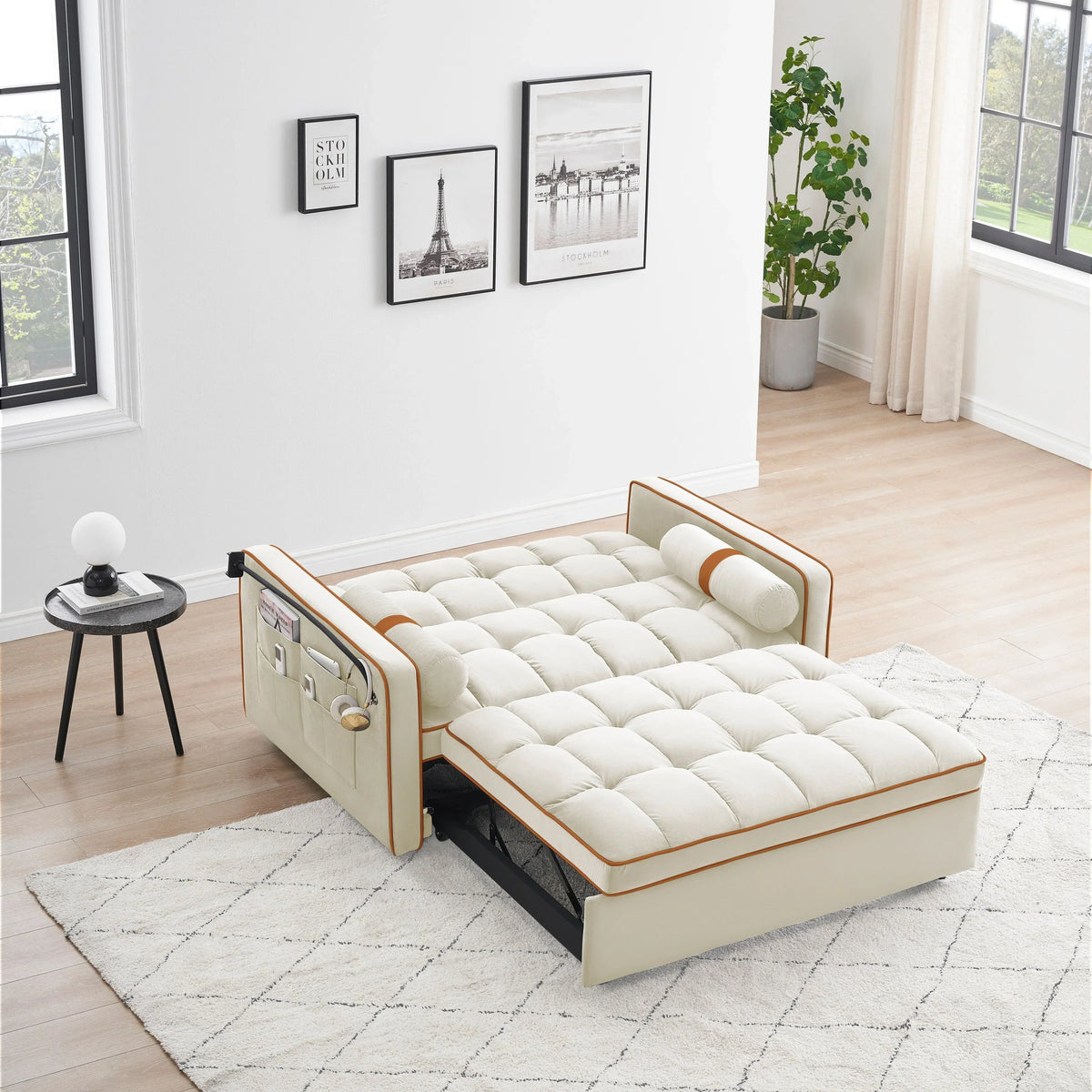 Aksamitna rozkładana sofa dwuosobowa 55'' z funkcją spania, regulowanym oparciem, kieszeniami bocznymi i uchwytem na telefon