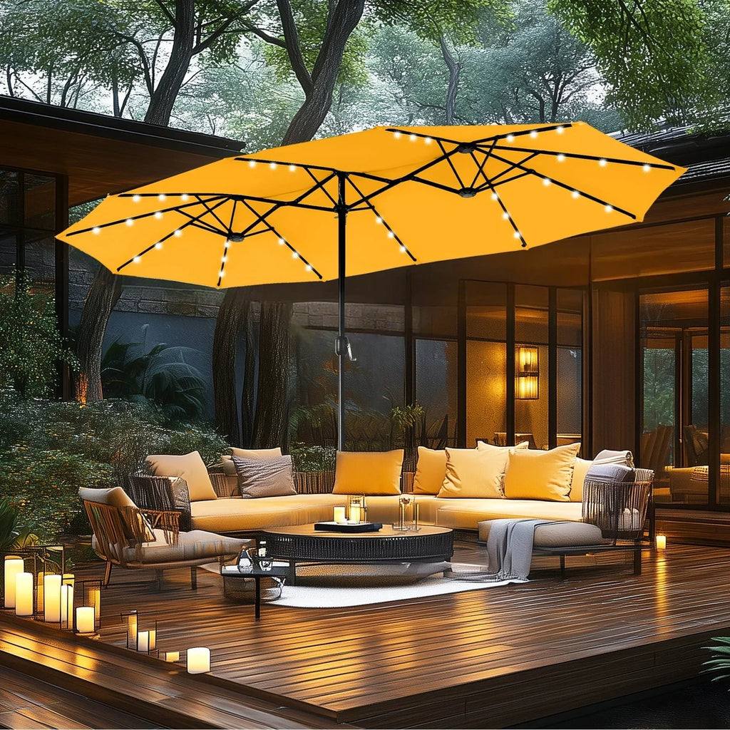 MAISON ARTS 15-Fuß-rechteckiger Outdoor-Marktschirm mit Kurbel, doppelseitiger Bespannung und solarbetriebenen LED-Leuchten, inklusive Standfuß