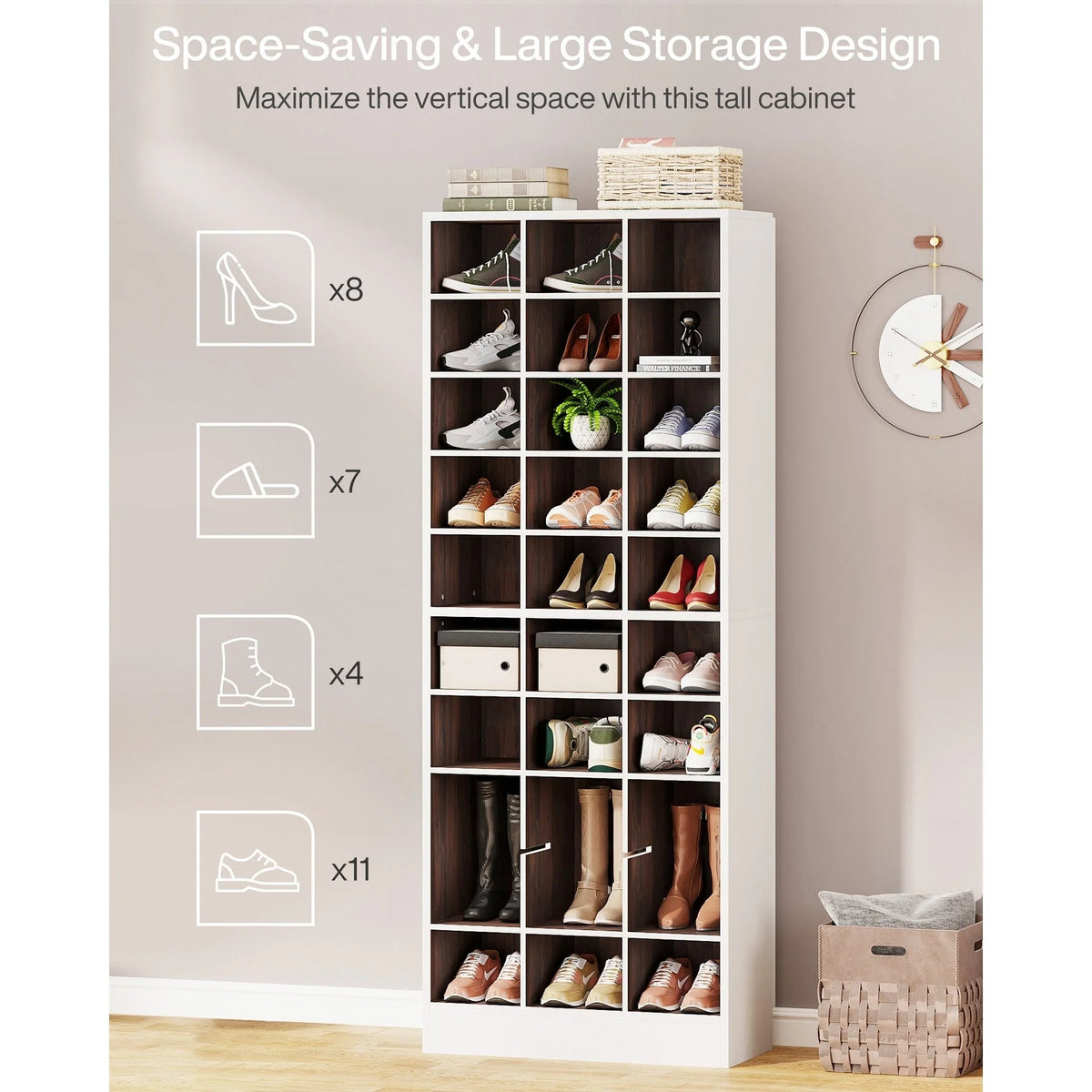 30 Pairs Tall Shoe Cabinet, 10 Tiers White Wooden Shoe Storage Rack for Closet, Entryway - 10-tier