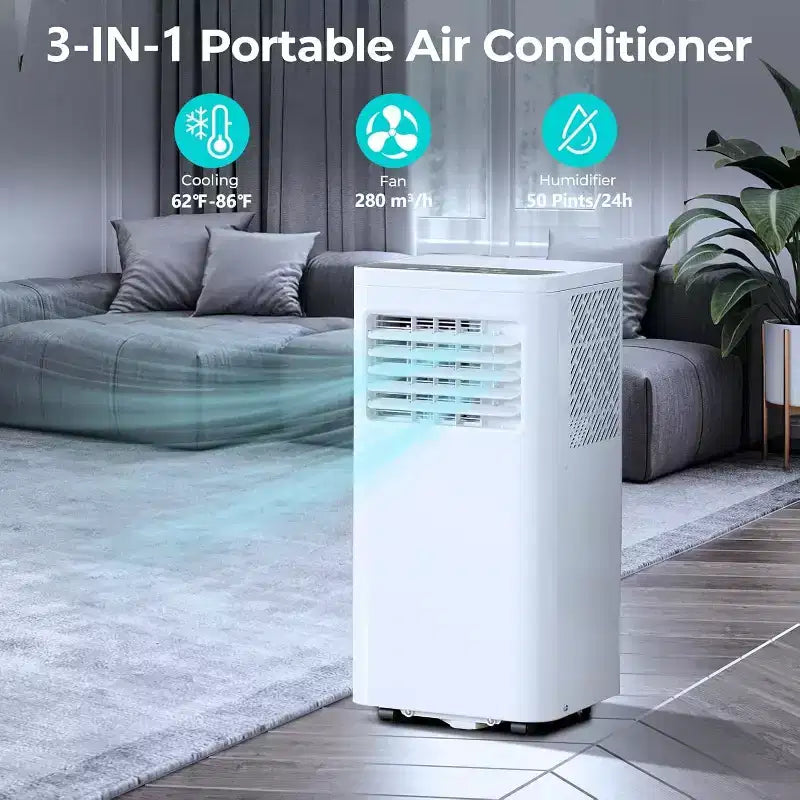 Przenośny klimatyzator 8000 BTU, urządzenie 3 w 1 z 4 trybami, timerem, wyświetlaczem LED, pilotem i zestawem instalacyjnym, do sypialni, salonu lub biura, biały.