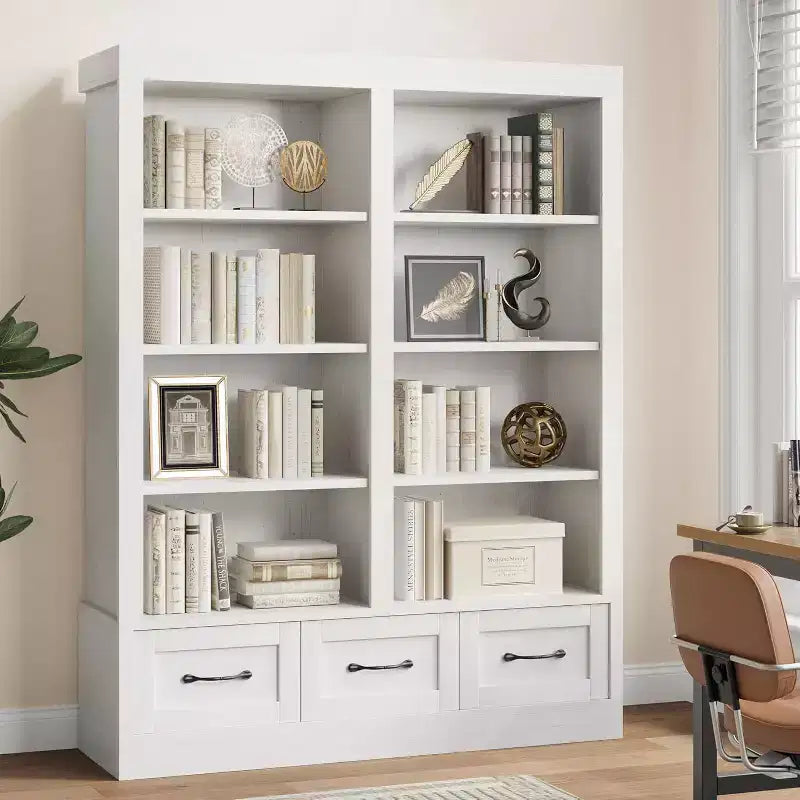 Librerie e scaffali 64 H tradizionali, libreria con 3 cassetti portaoggetti, 4 ripiani, doppia larghezza, ripiani aperti, per ufficio e soggiorno