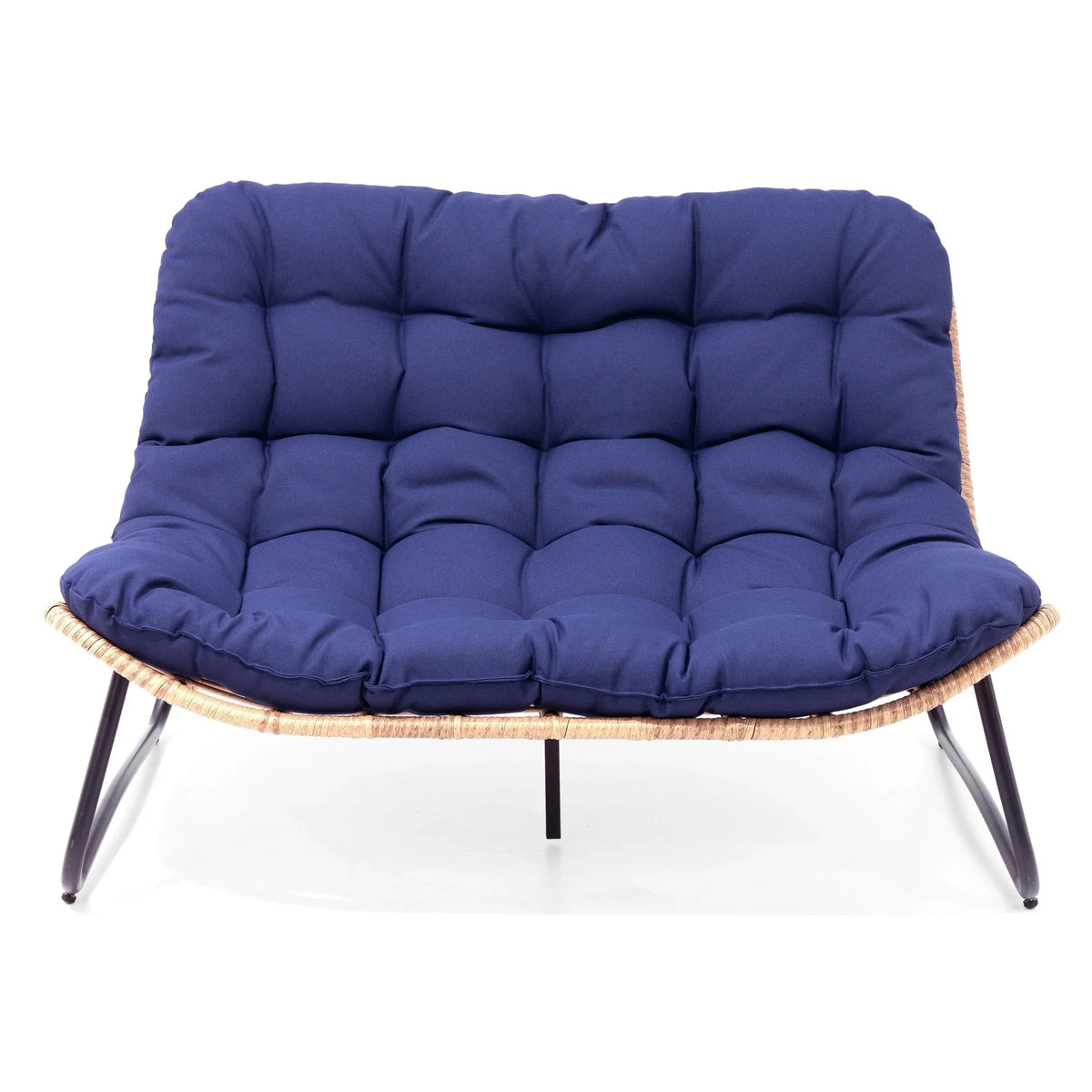 Dubbele papasan-loveseat met kussen, weerbestendig PE-rotan en metalen frame voor binnen en buiten