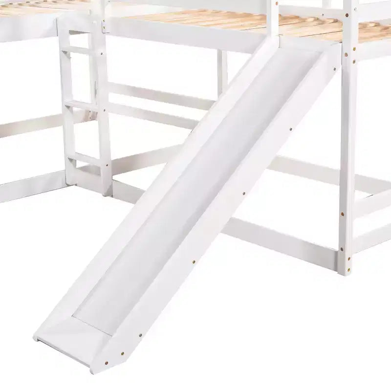 Lit superposé en L pour 4 enfants, lit superposé quadruple avec toboggan, structure en bois avec couchage double et simple pour chambre ou dortoir