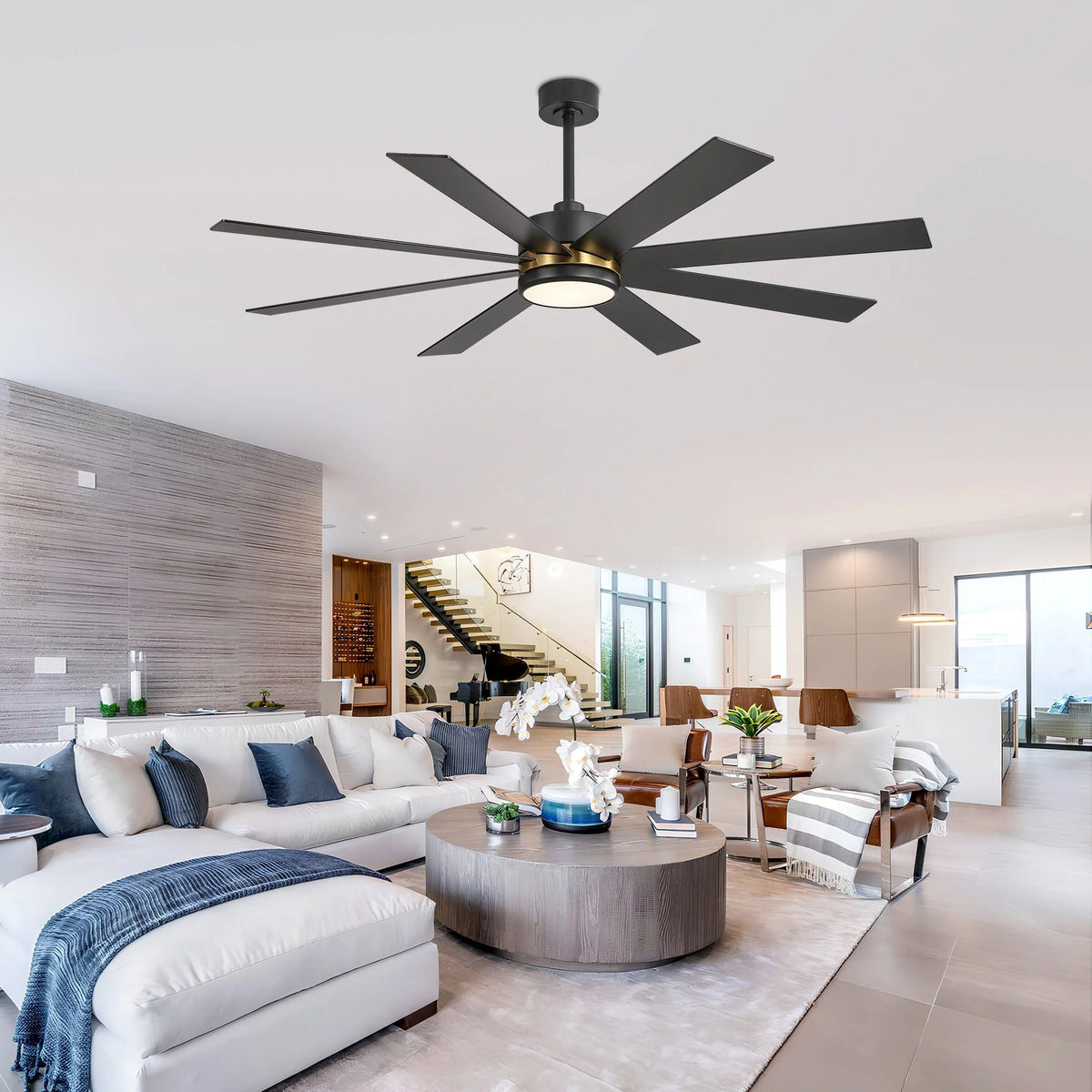 Ventilateur de plafond noir de 65 po à 8 pales avec lumière et télécommande