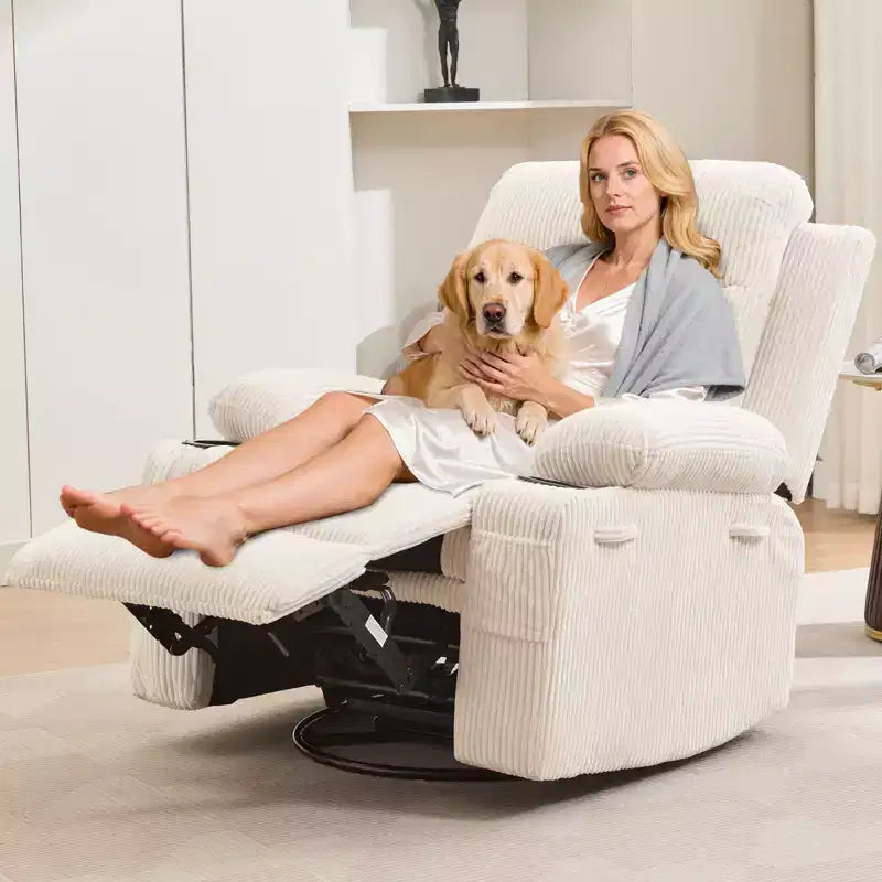 Obrotowy fotel bujany z funkcją masażu i podgrzewaniem, fotel typu glider 360° z uchwytami na kubki i bocznymi kieszeniami, ergonomiczna sofa wypoczynkowa do salonu, kampera, pokoju dziecięcego