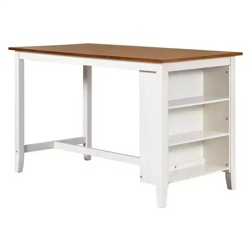 Ensemble Homy Casa de table à manger et chaises à hauteur de comptoir en 5 pièces avec étagères de rangement, blanc et noyer, style ferme moderne