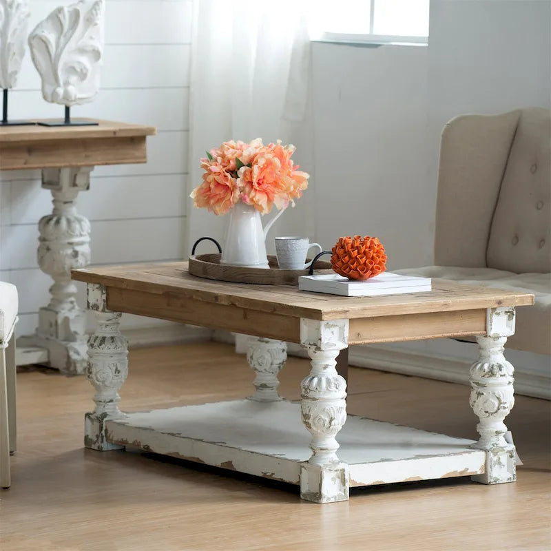 Rectangle Antique White Washed Wooden Coffee Table