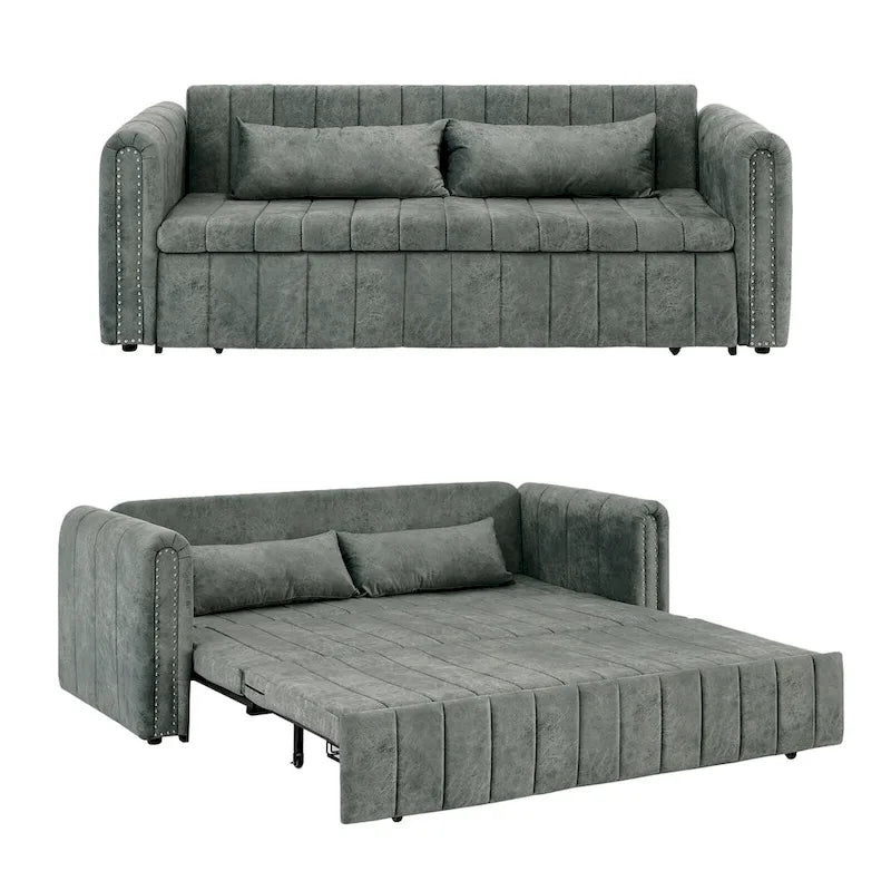 Aksamitna tapicerowana nowoczesna sofa wypoczynkowa z funkcją spania, rozkładana, z podłokietnikami w kształcie wałków i ozdobiona miedzianymi ćwiekami