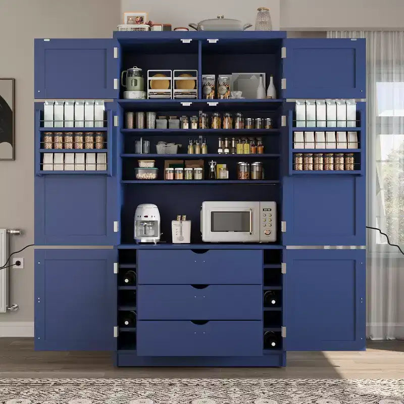 Armoire garde-manger haute pour cuisine avec prises électriques, grand placard autoportant avec support pour micro-ondes, tiroirs, étagères, porte-bouteilles et étagères intégrées à la porte