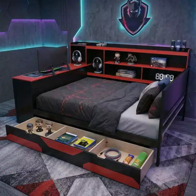 Łóżko Gamer Hub z biurkiem, oświetleniem RGB, stacją ładującą, szufladami i wezgłowiem z regałem