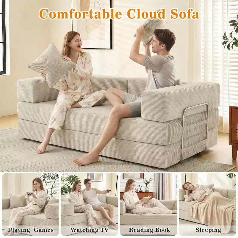 Dyonery 78-calowa rozkładana sofa, modułowa kanapa z sztruksu, 4 w 1, wielofunkcyjny mebel wypoczynkowy typu king-size.