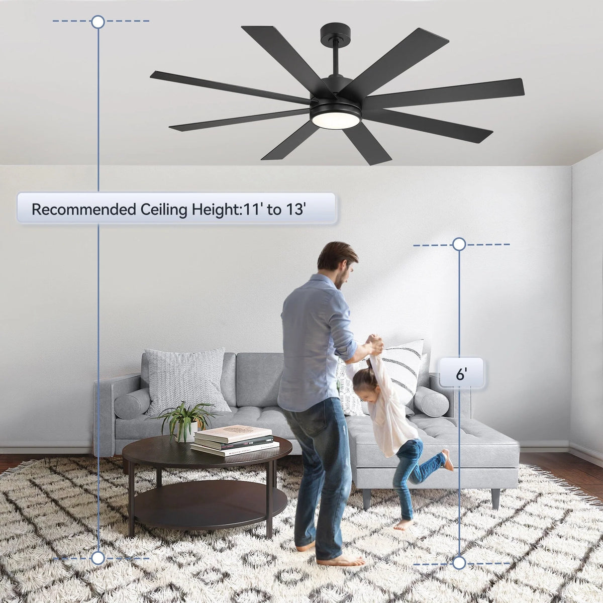 Ventilateur de plafond noir de 65 po à 8 pales avec lumière et télécommande