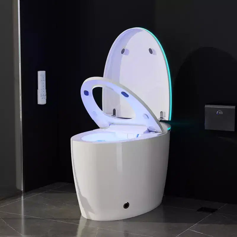 Intelligente Bidet-Toilette mit sich automatisch öffnendem und schließendem Deckel und Sitz, Spülung per Fußsensor, tankloses einteiliges, längliches Modell, beheizter Sitz
