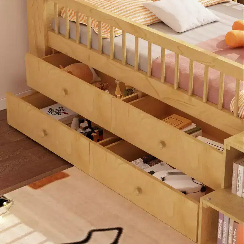 Whisen niedriges Hochbett für eine Einzelmatratze mit LED-Beleuchtung, Kopfteil in Hausform und Staubladen, robuste Konstruktion