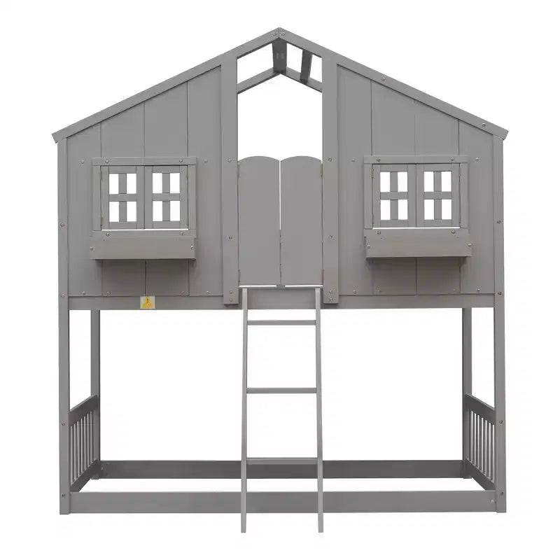 Hochbett in Einzelbettgröße in Hausform, hölzernes Spielhaus-Hochbett mit Leiter und Absturzsicherungen für Kinder