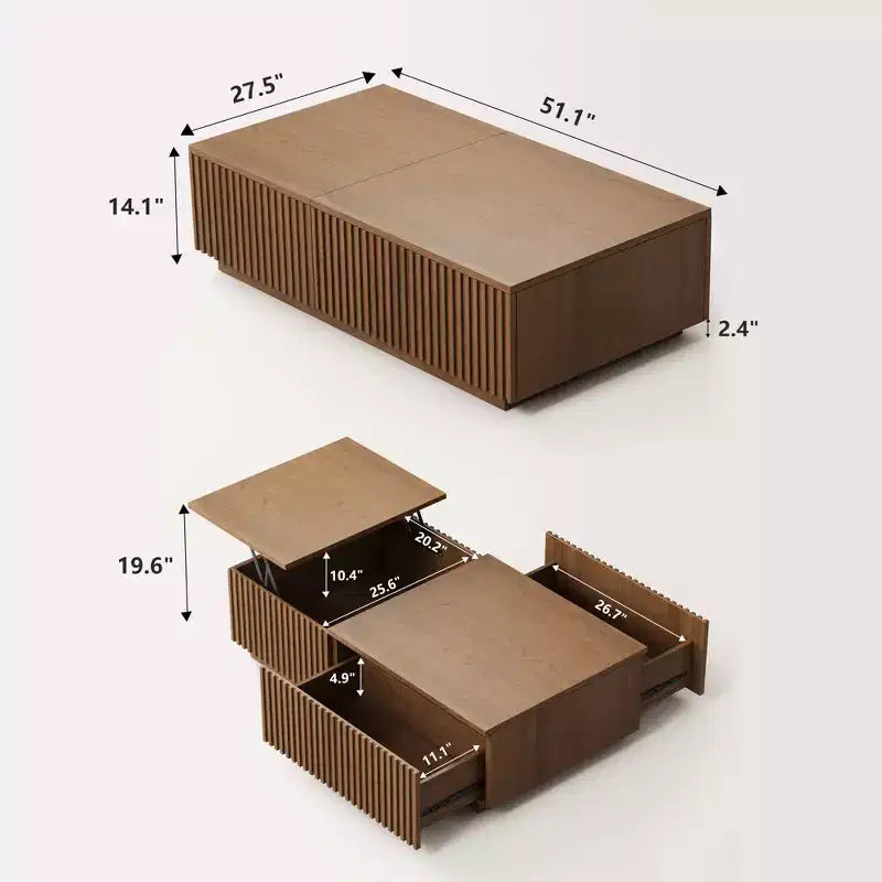 51.1 Mesa de centro moderna de meados do século com tampo elevável, mesa retangular central em nogueira para a sala de estar