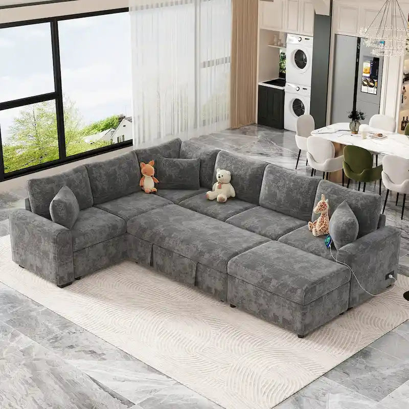 Ecksofa aus Chenille, ausziehbares Schlafsofa in L-Form mit Aufbewahrungshocker, 3 Kissen und Ladegeräten