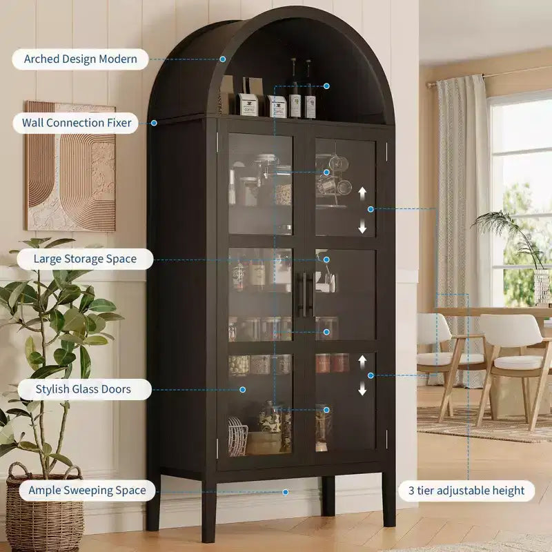 Armário de arrumação preto/branco, estilo arqueado, individual, com 71 de altura, luzes LED e portas de vidro