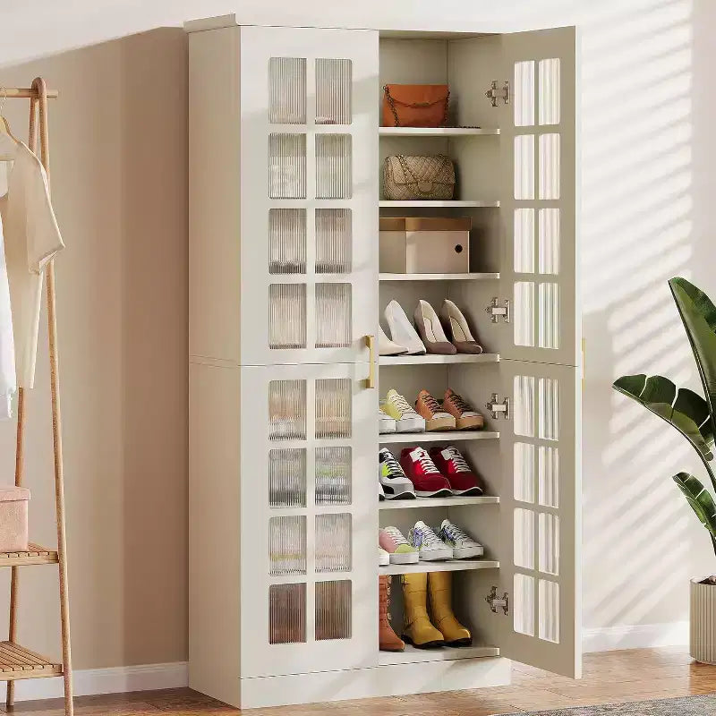 Lantine Wysoka szafka na buty z drzwiczkami, 8-poziomowy organizer na obuwie z regulowanymi półkami, nowoczesna szafka na buty do przedpokoju, garderoby lub salonu, biała