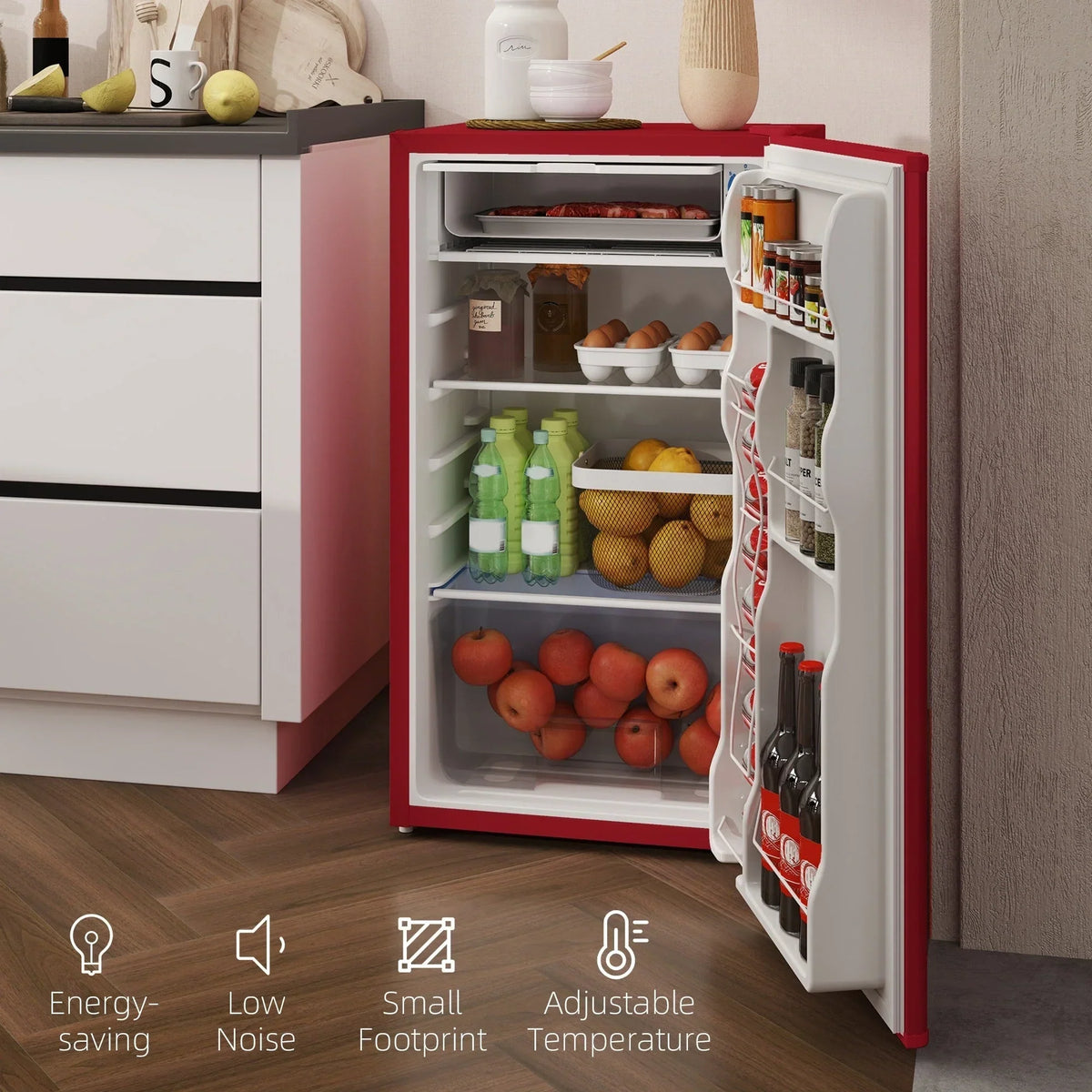 3,2-Kubikfuß-Minibar mit Gefrierfach, kompakter Kühlschrank mit einer Tür und verstellbarem Thermostat für das Schlafzimmer