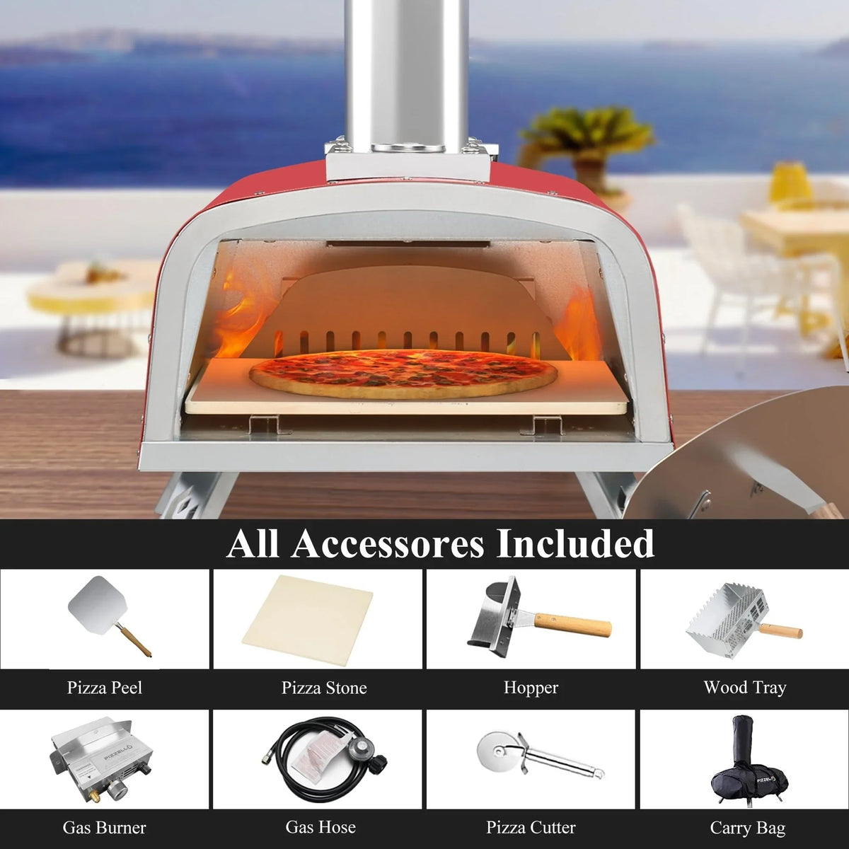 Multibrennstoff-Pizzaofen für den Außenbereich, Steinofen-Pizzaofen mit Gasbrenner und Holzfach – 12 Zoll