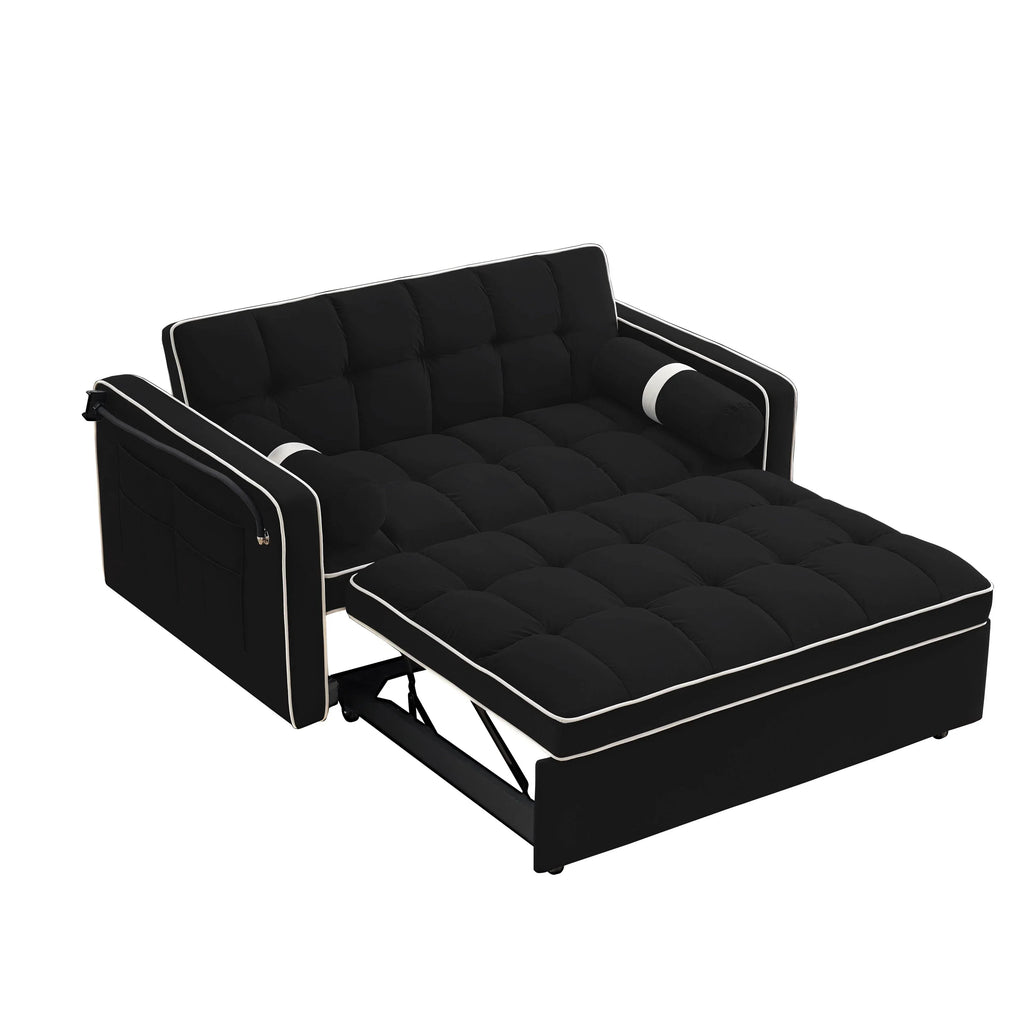 Velvet Convertible 55'' 2-Seater Sleeper Sofa with Pull-Out Bed, Adjustable Recline, Side Pockets, and Phone Holder