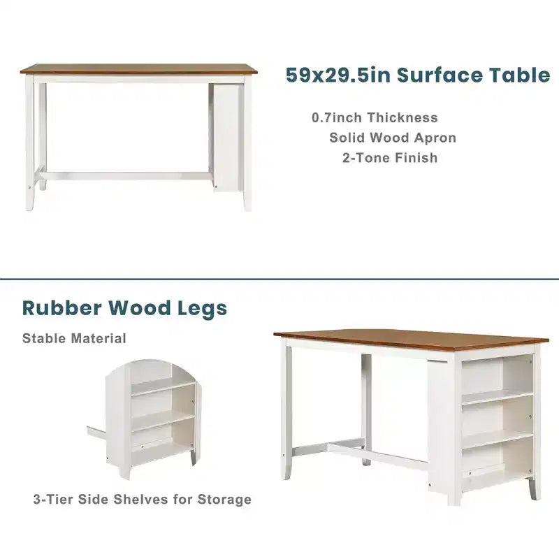 Ensemble Homy Casa de table à manger et chaises à hauteur de comptoir en 5 pièces avec étagères de rangement, blanc et noyer, style ferme moderne