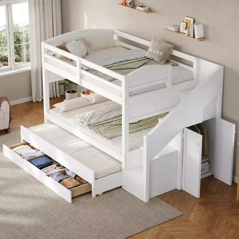 Letto a castello Whisen Twin XL con letto estraibile, contenitore, legno massello, scala contenitore, armadio e 3 cassetti, per bambini