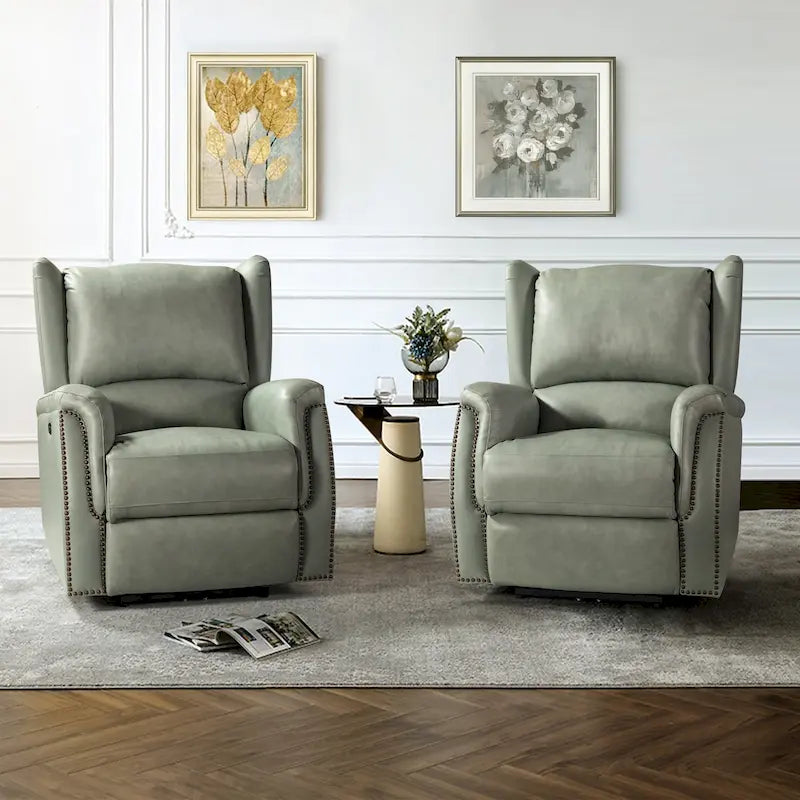 Genuine Leather Power Recliner with USB Port â€?Wingback Nailhead Set of 2