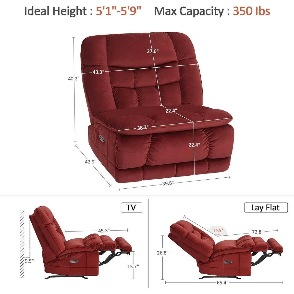 MCombo extra grote elektrische relaxfauteuil met twee motoren en zonder armleuningen, Zeroarms-relaxfauteuil, perfect voor de woonkamer, stoffen bekleding PR607