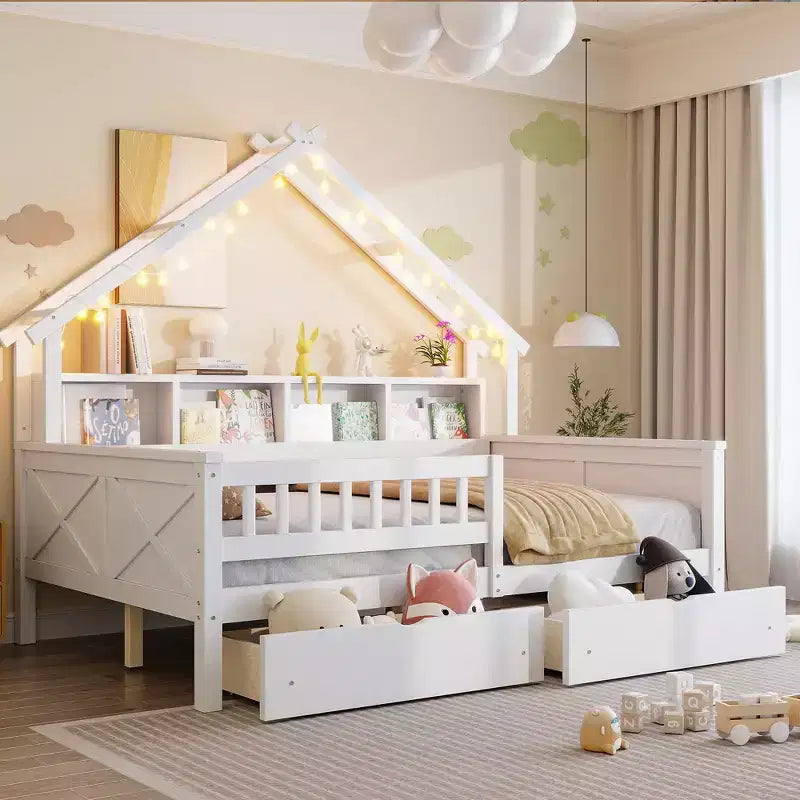 Huisbedframe voor een tweepersoonsbed met laden, huisplatformbed met ledverlichting, opbergplanken en laden, houten dagbed met dak en veiligheidshekje