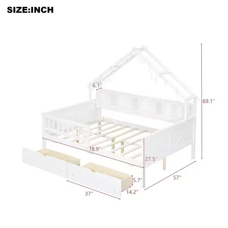 Huisbedframe voor een tweepersoonsbed met laden, huisplatformbed met ledverlichting, opbergplanken en laden, houten dagbed met dak en veiligheidshekje