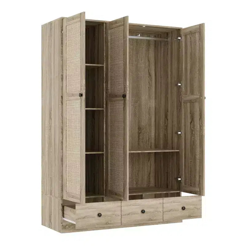 Armoire en rotin Famapy avec 3 tiroirs, placard à 3 portes en rotin respirant, grande armoire de rangement de style champêtre pour chambre