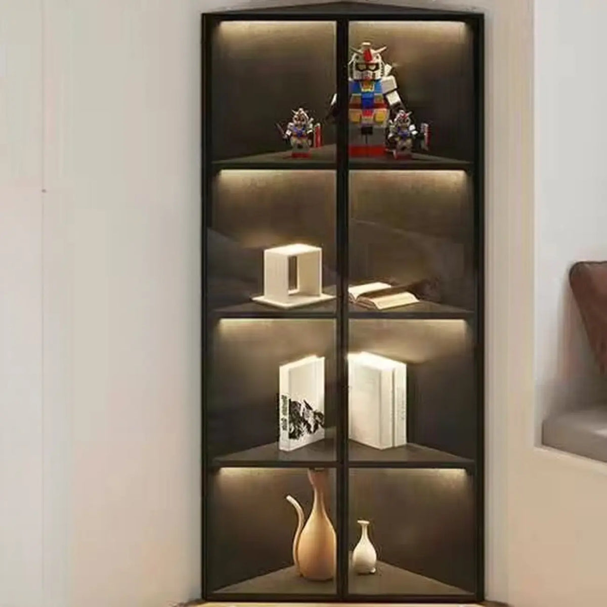 Vitrine de canto moderna em metal e madeira cinzenta com porta de vidro