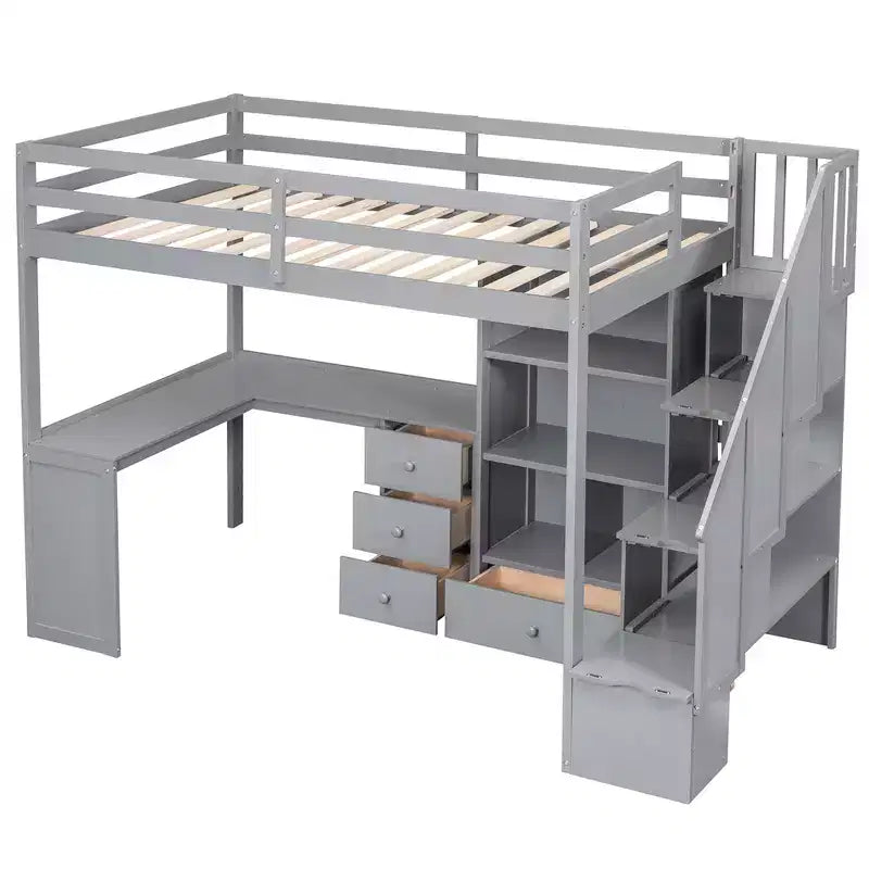 Cama alta de tamanho Twin com secretária em L, 3 gavetas, armário, arrumação nas escadas e estrutura em pinho maciço/MDF