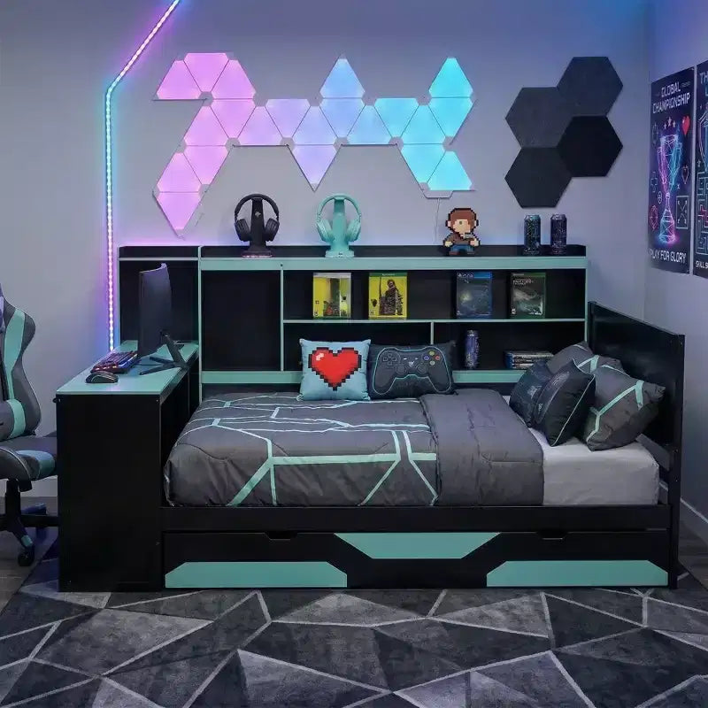 Łóżko Gamer Hub z biurkiem, oświetleniem RGB, stacją ładującą, szufladami i wezgłowiem z regałem