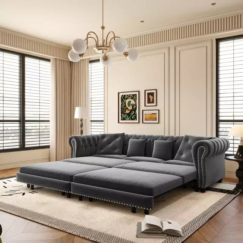 Rozkładana sofa 3 w 1 Whisen Velvet typu king-size z ruchomym podnóżkiem i pikowanym wzorem
