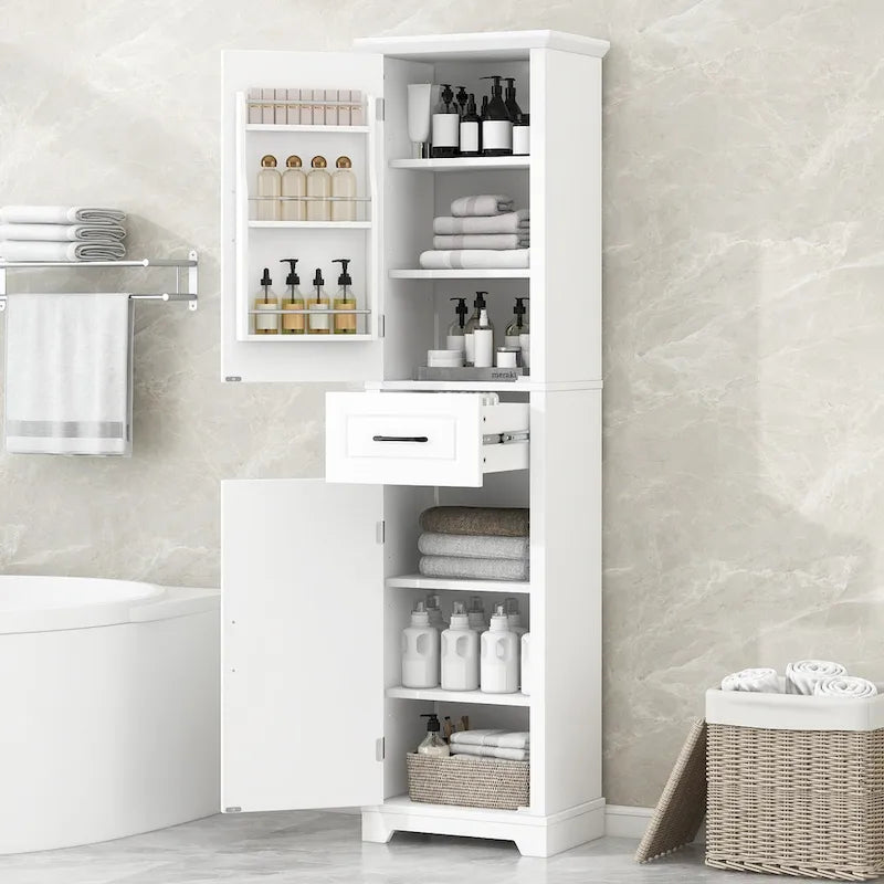Mobiletto da bagno indipendente con 2 ante, ripiani regolabili e spazio contenitore nelle ante, organizzatore da bagno alto