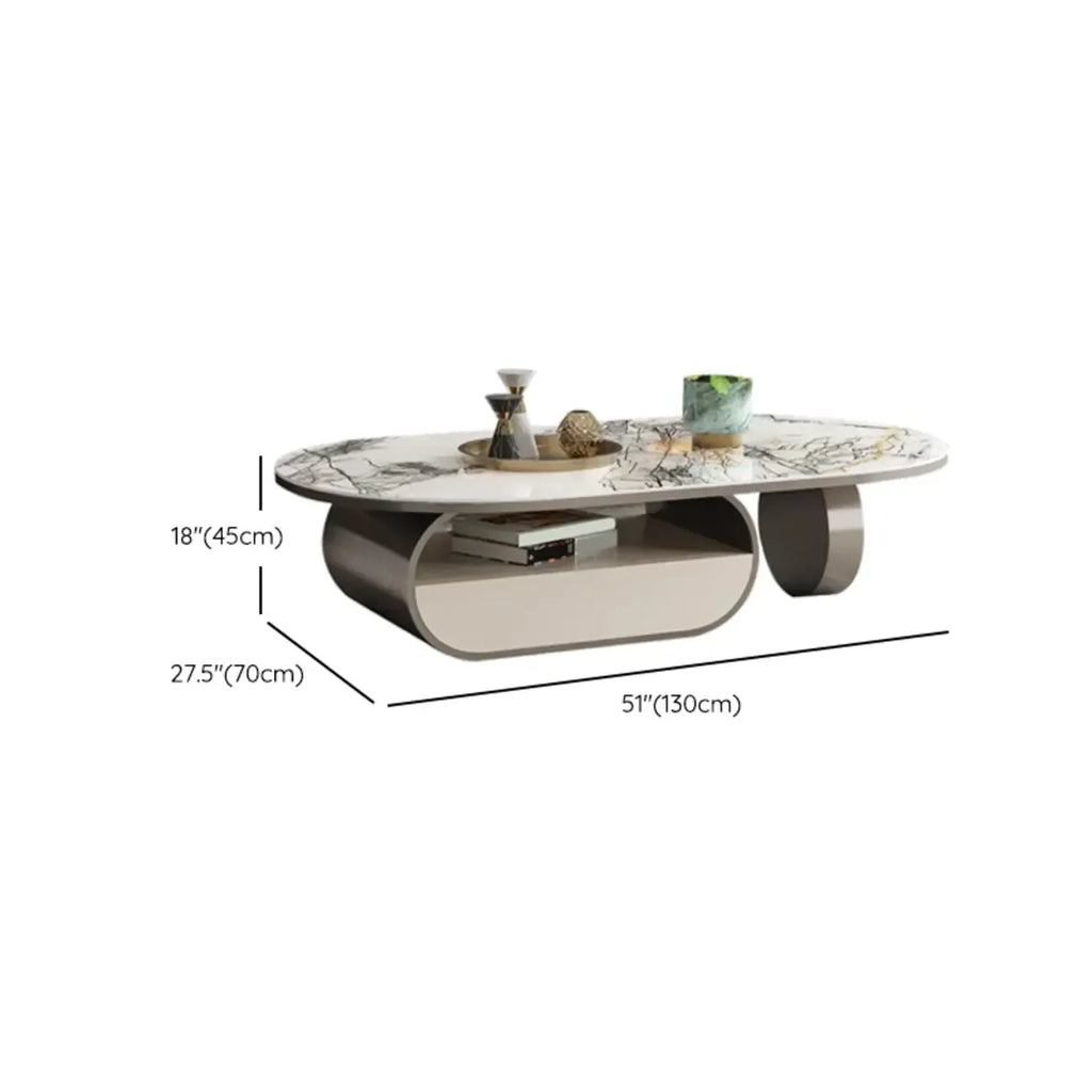 Tavolino da caffè ovale contemporaneo dal design unico con piano in marmo e cassetto
