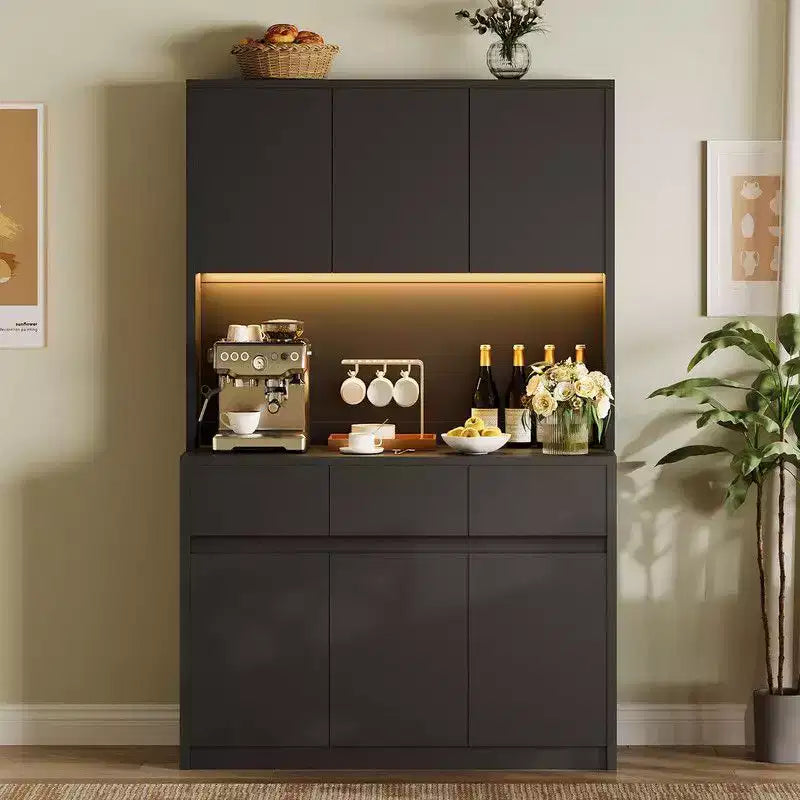 71 Zoll hoher Küchenvorratsschrank, Aufsatzschrank mit LED-Beleuchtung und Steckdosen, Buffetschrank mit Mikrowellenständer und verstellbaren Regalen