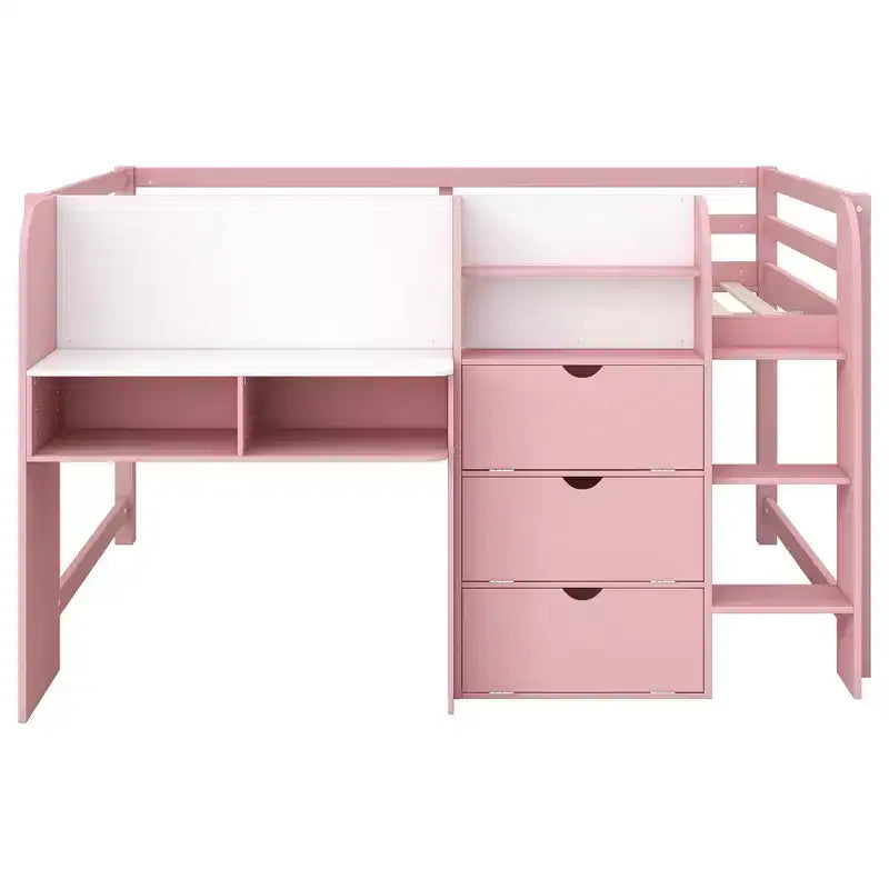 Rosa-weißes Low-Loft-Bett mit Schreibtisch, Stauraum und Whiteboard - Einzelbett, 1 Person
