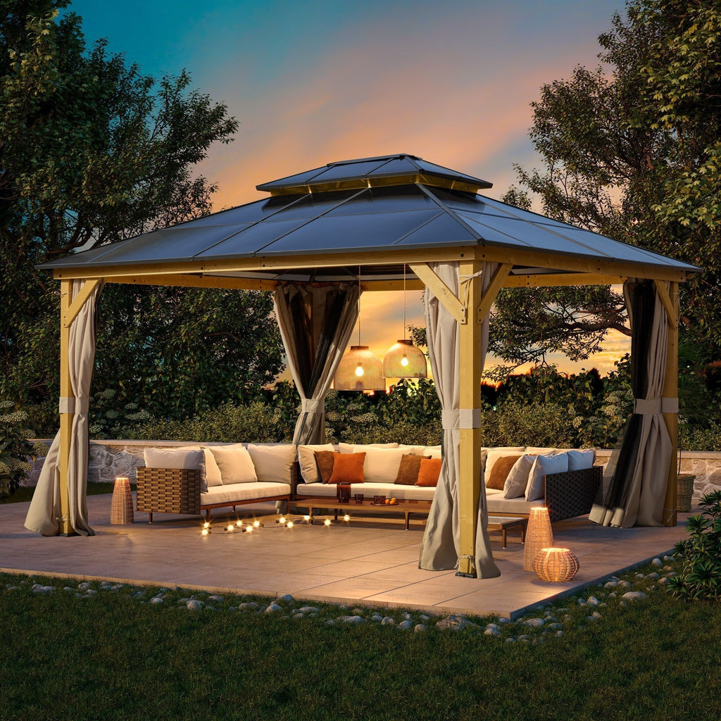 EROMMY prieel met hard dak, pergola voor buiten met dubbel dak, netten en gordijnen, robuuste overkapping voor terras, achtertuin en zwembadfeestjes