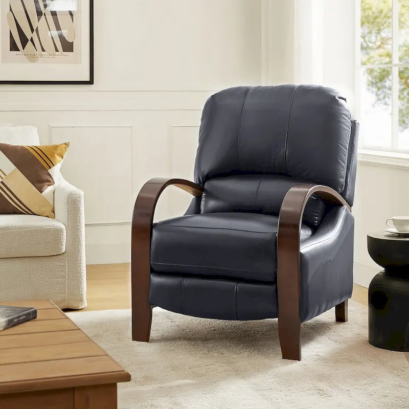 Alex mid-century moderne handmatige relaxfauteuil van echt sigarenkleurig leer met gebogen houten armleuningen