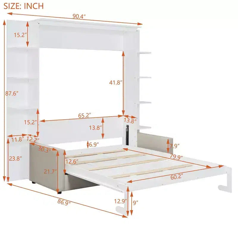 Letto a scomparsa matrimoniale Whisen dal design moderno con struttura in legno, divano e ripiani