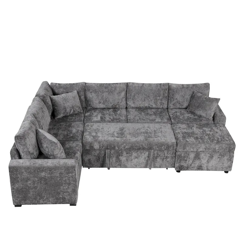 Ecksofa aus Chenille, ausziehbares Schlafsofa in L-Form mit Aufbewahrungshocker, 3 Kissen und Ladegeräten