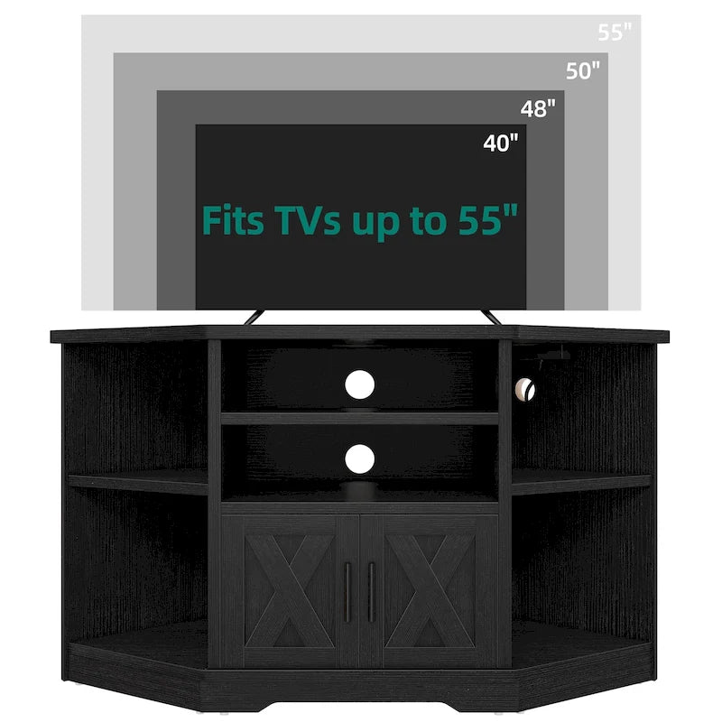 Eck-TV-Ständer im Landhausstil, Entertainment-Center und Medienkonsole für Fernseher bis 55 Zoll mit Steckdose