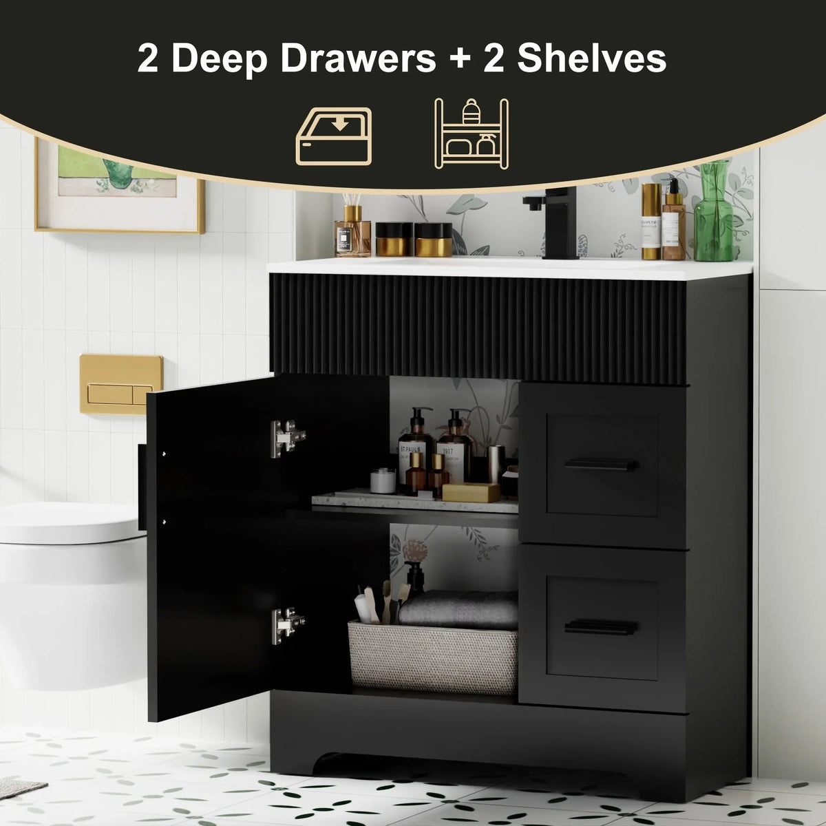 Conjunto de móvel de casa de banho Wavy Line 30/36/48 com lavatório e torneira